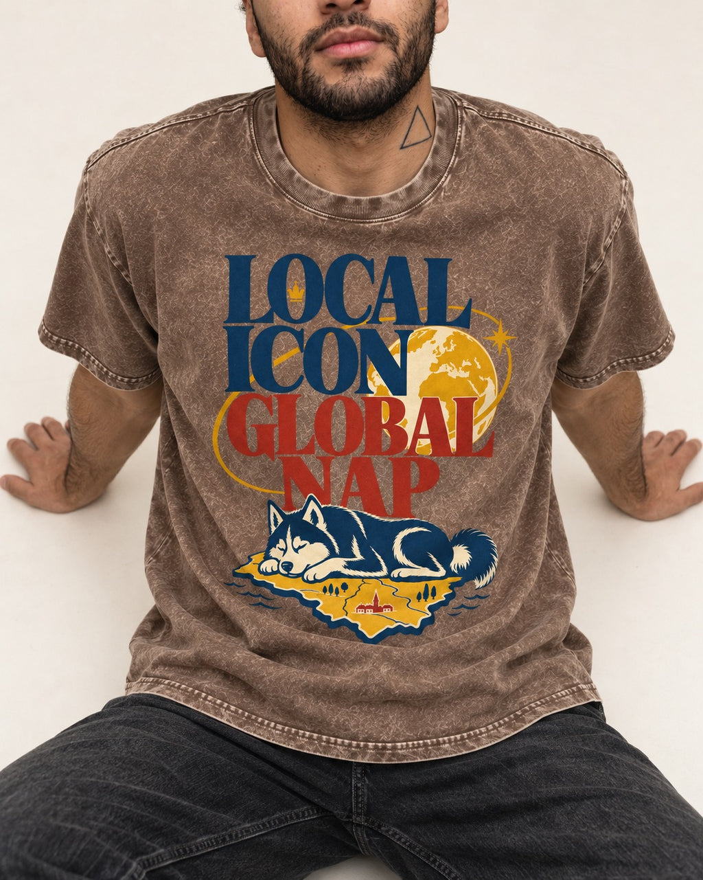 Husky Local Icon Global Nap Washed Tee in Coffee, worn by a seated model