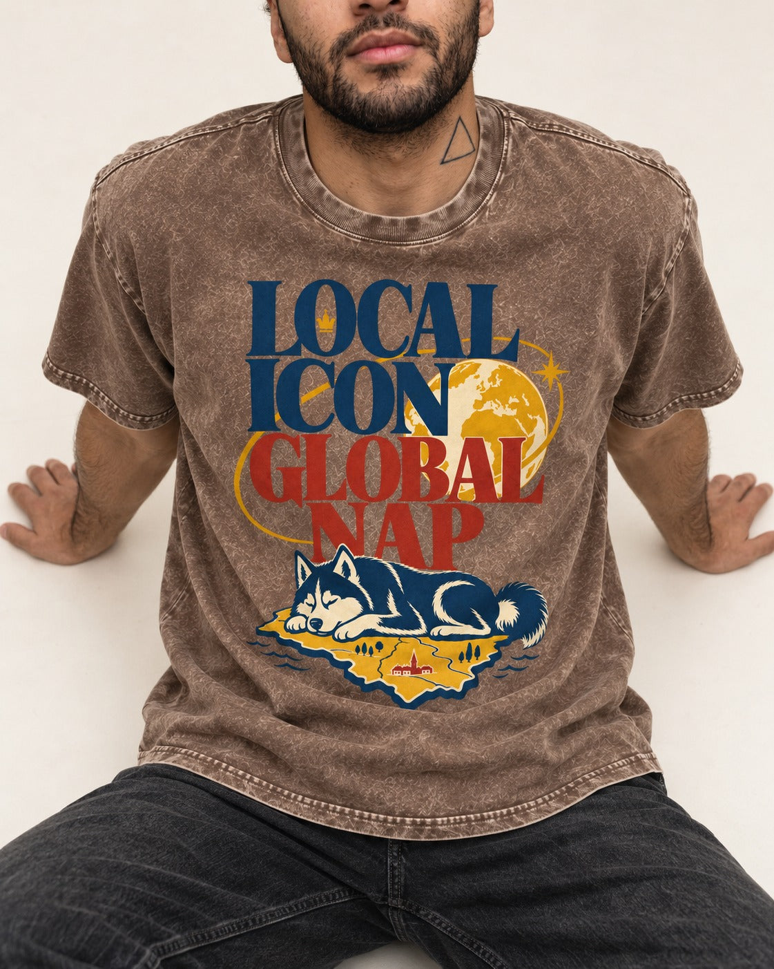 Husky Local Icon Global Nap Washed Tee in Coffee, worn by a seated model
