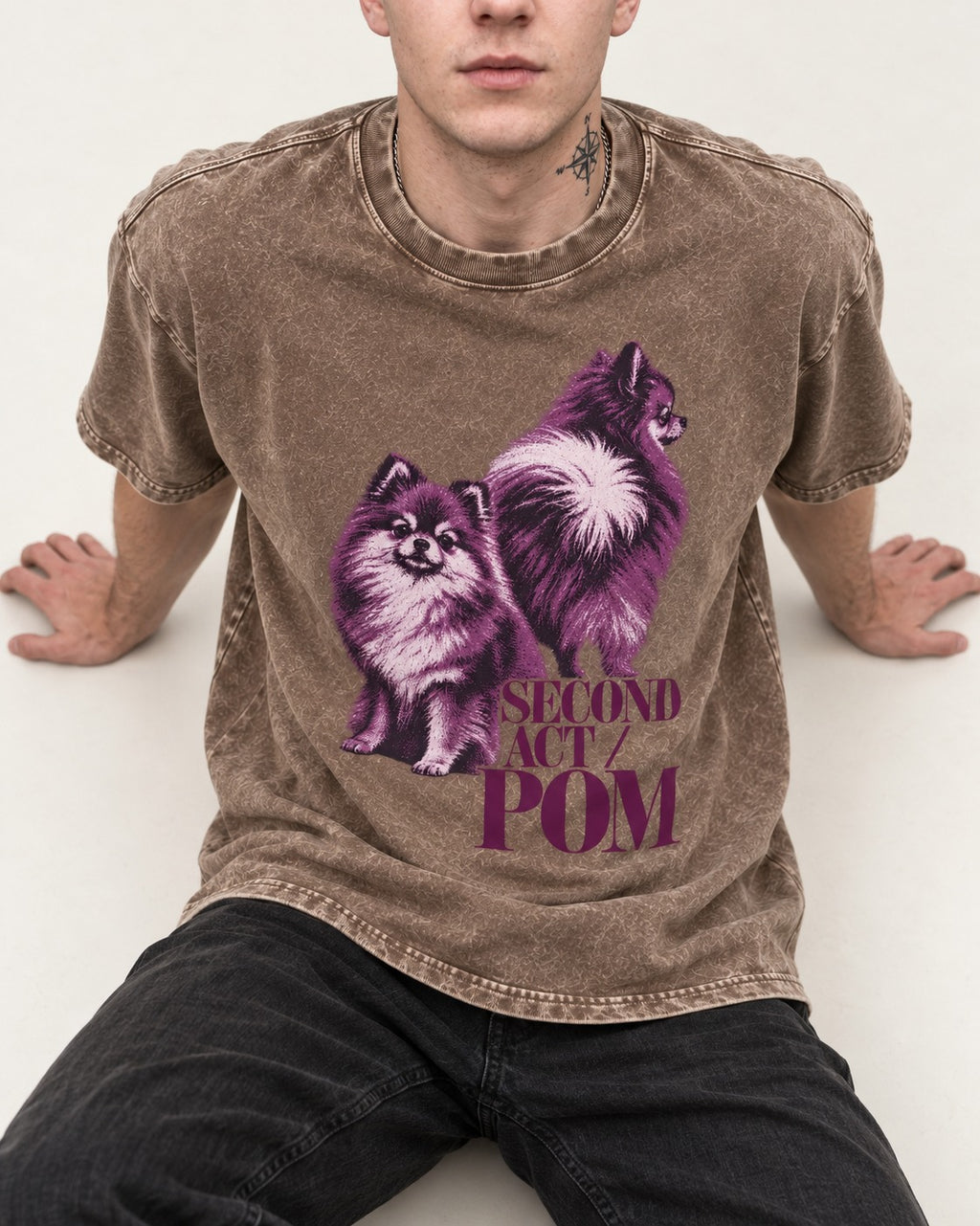 Second Act Pomeranian Washed Tee in Coffee, worn by a seated model
