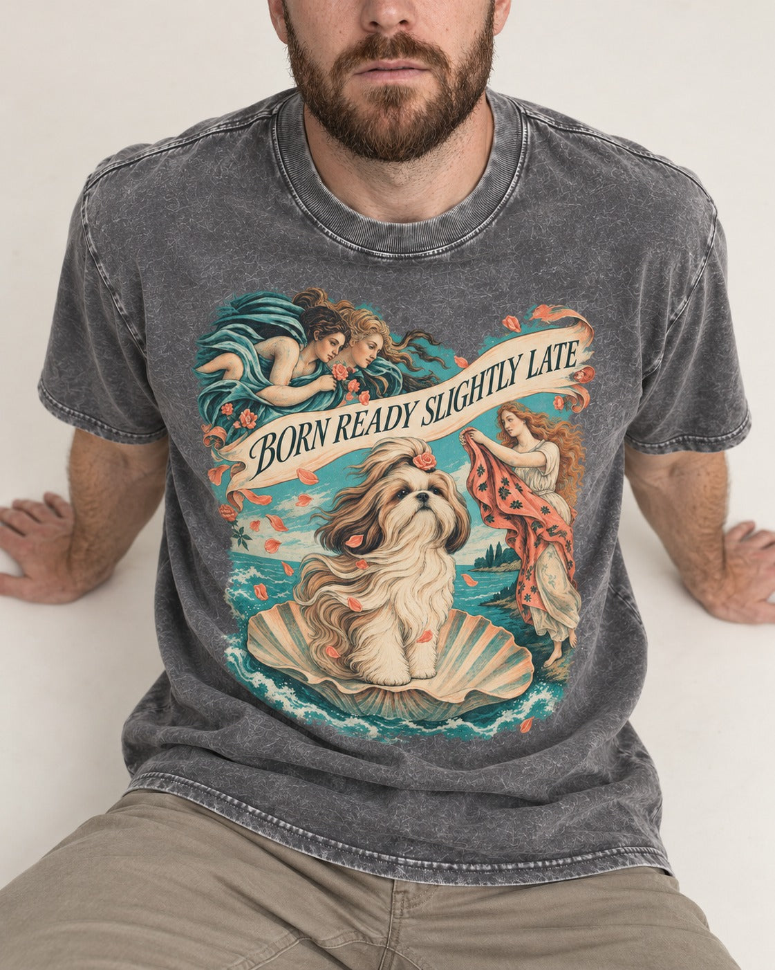 Shih Tzu Born Ready Slightly Late Venus Graphic Washed Tee in Gray, worn by a seated model