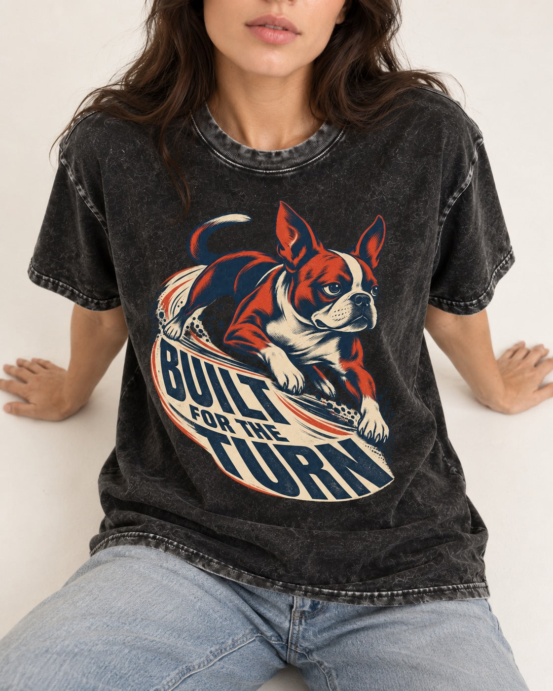 Built for the Turn Boston Terrier Washed Tee in Black, worn by a seated model