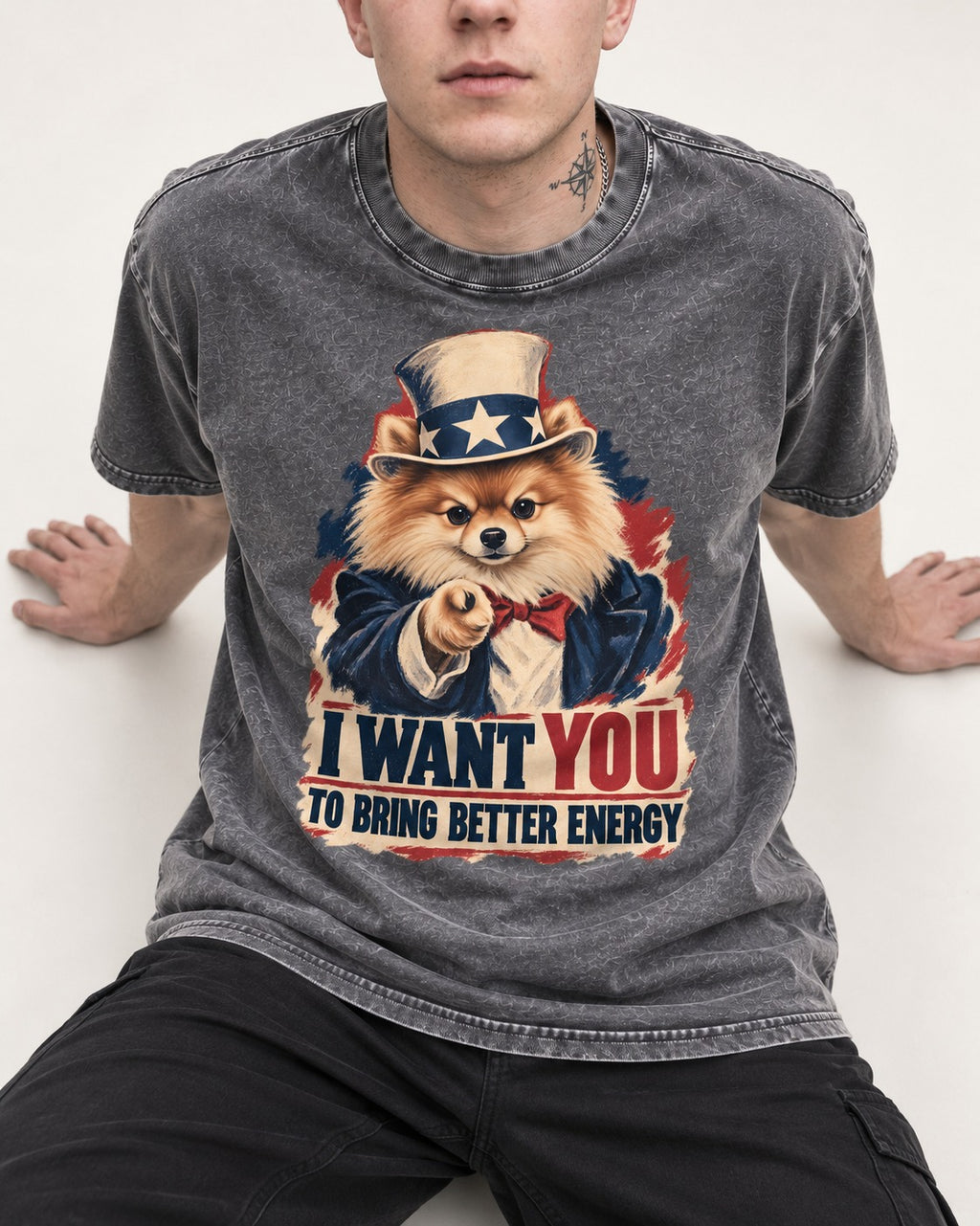 Pomeranian I Want You to Bring Better Energy Uncle Sam Graphic Washed Tee in Gray, worn by a seated model
