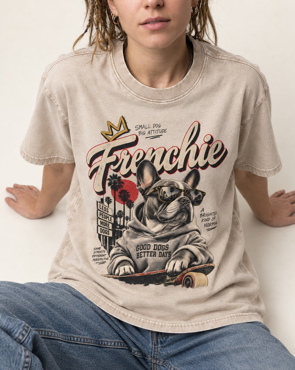 Frenchie Better Days Washed Tee in Apricot, worn by a seated model