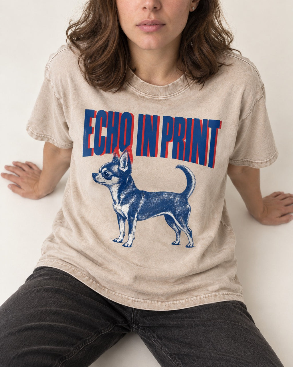 Chihuahua Echo Washed Tee in Apricot, worn by a seated model