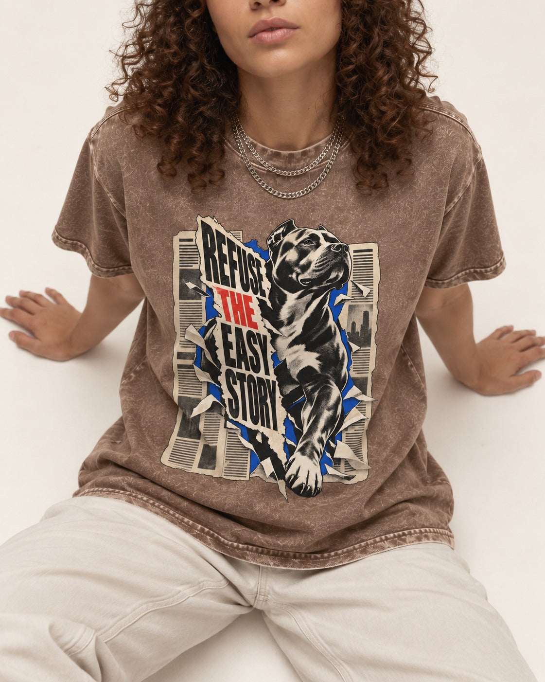 Pitbull Refuse the Easy Story Washed Tee in Coffee, worn by a seated model