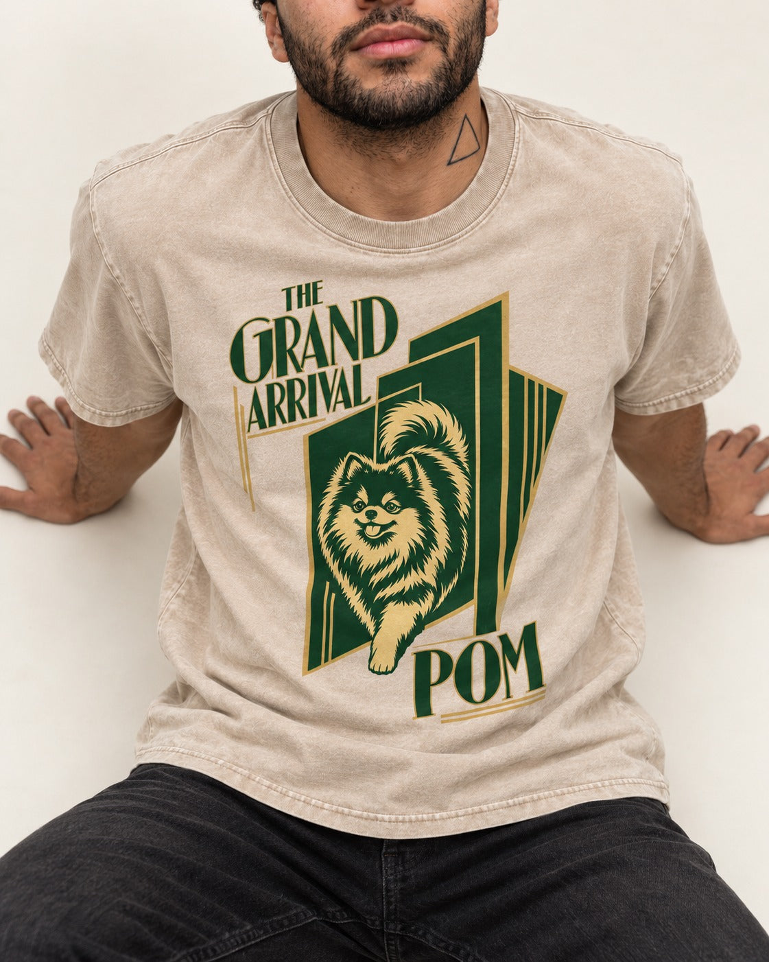 The Grand Arrival Pomeranian Washed Tee in Apricot, worn by a seated model