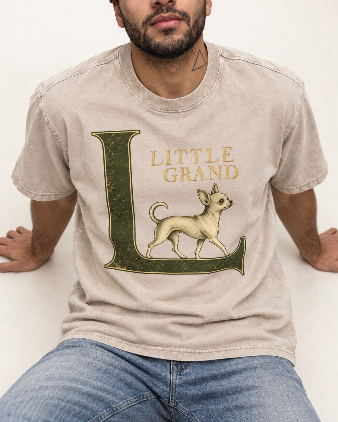 Little Grand Chihuahua Washed Tee in Apricot, worn by a seated model