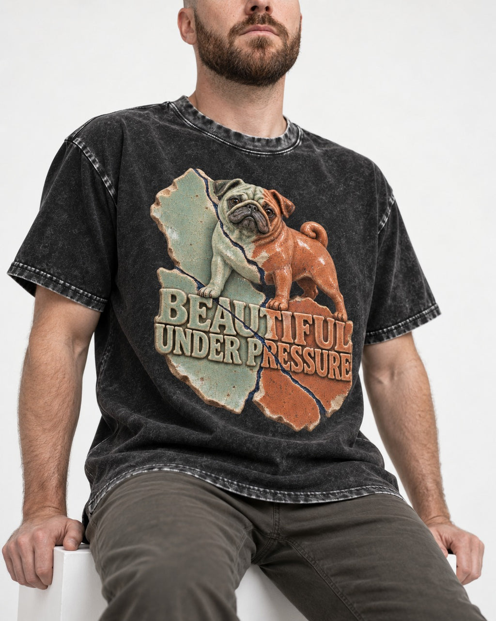 Pug Beautiful Under Pressure Cracked Ceramic Graphic Washed Tee in Black, worn by a seated model