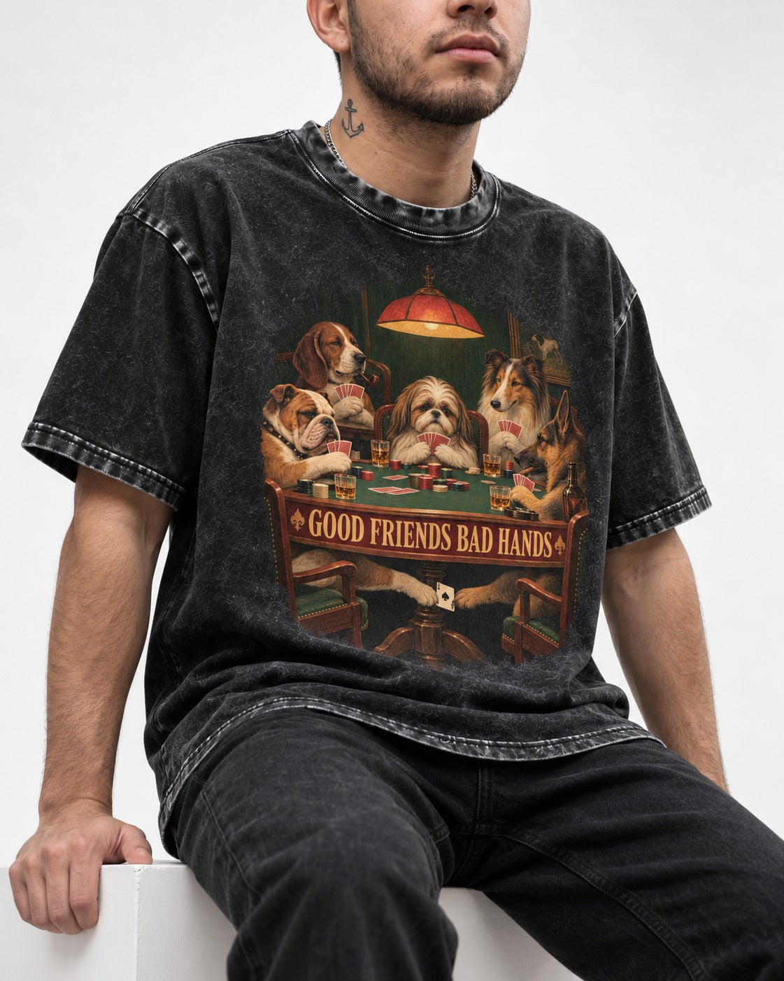 Shih Tzu Good Friends Bad Hands Poker Night Graphic Washed Tee in Black, worn by a seated model