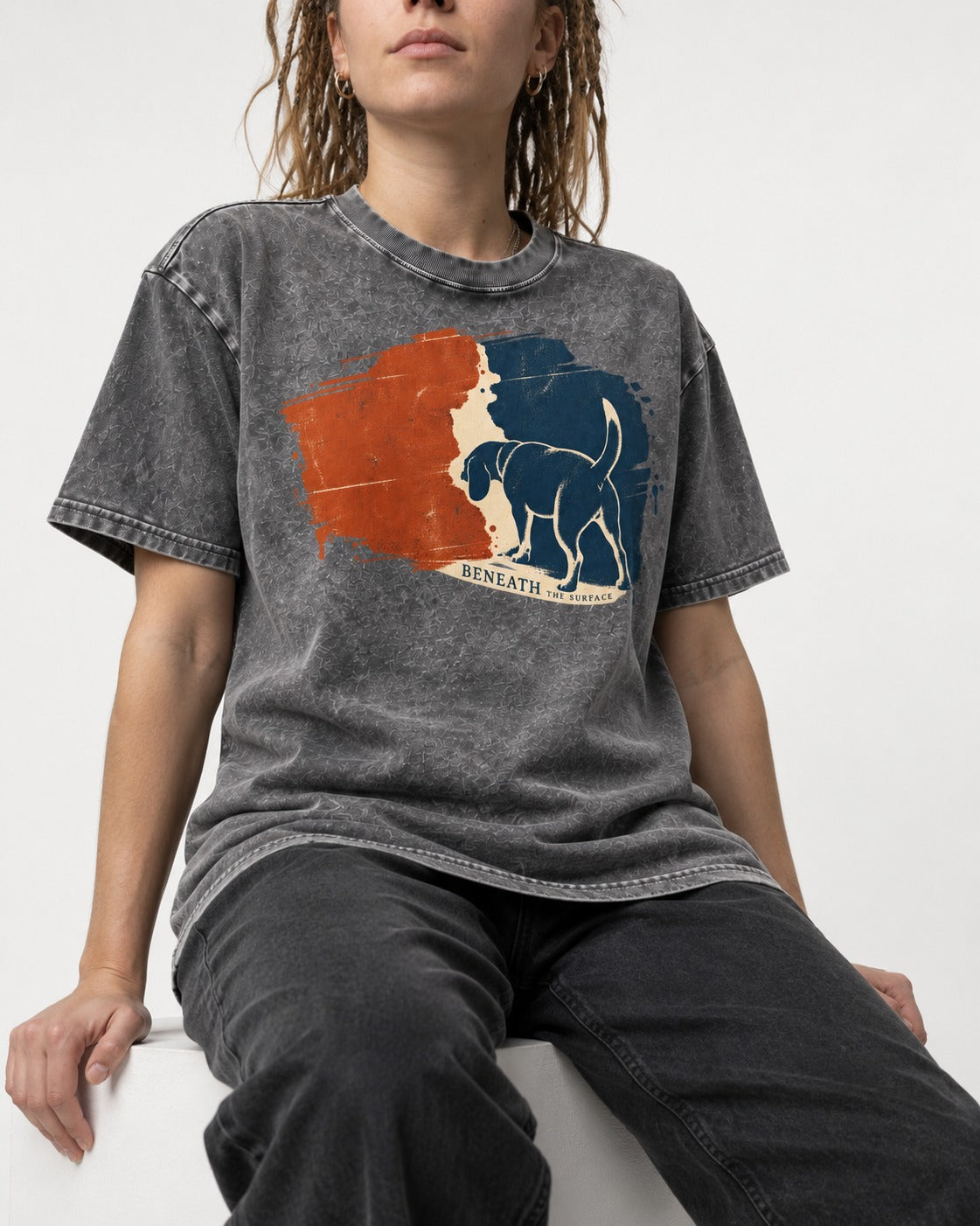 Beagle Beneath The Surface Scent Trail Washed Tee in Gray, worn by a seated model