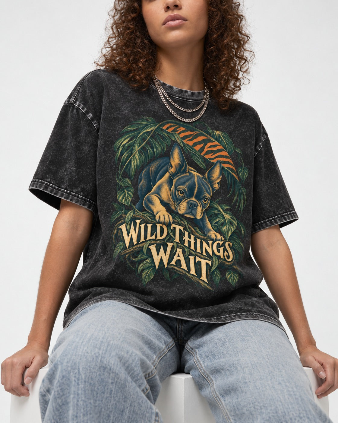 Boston Terrier Wild Things Wait Washed Tee in Black, worn by a seated model