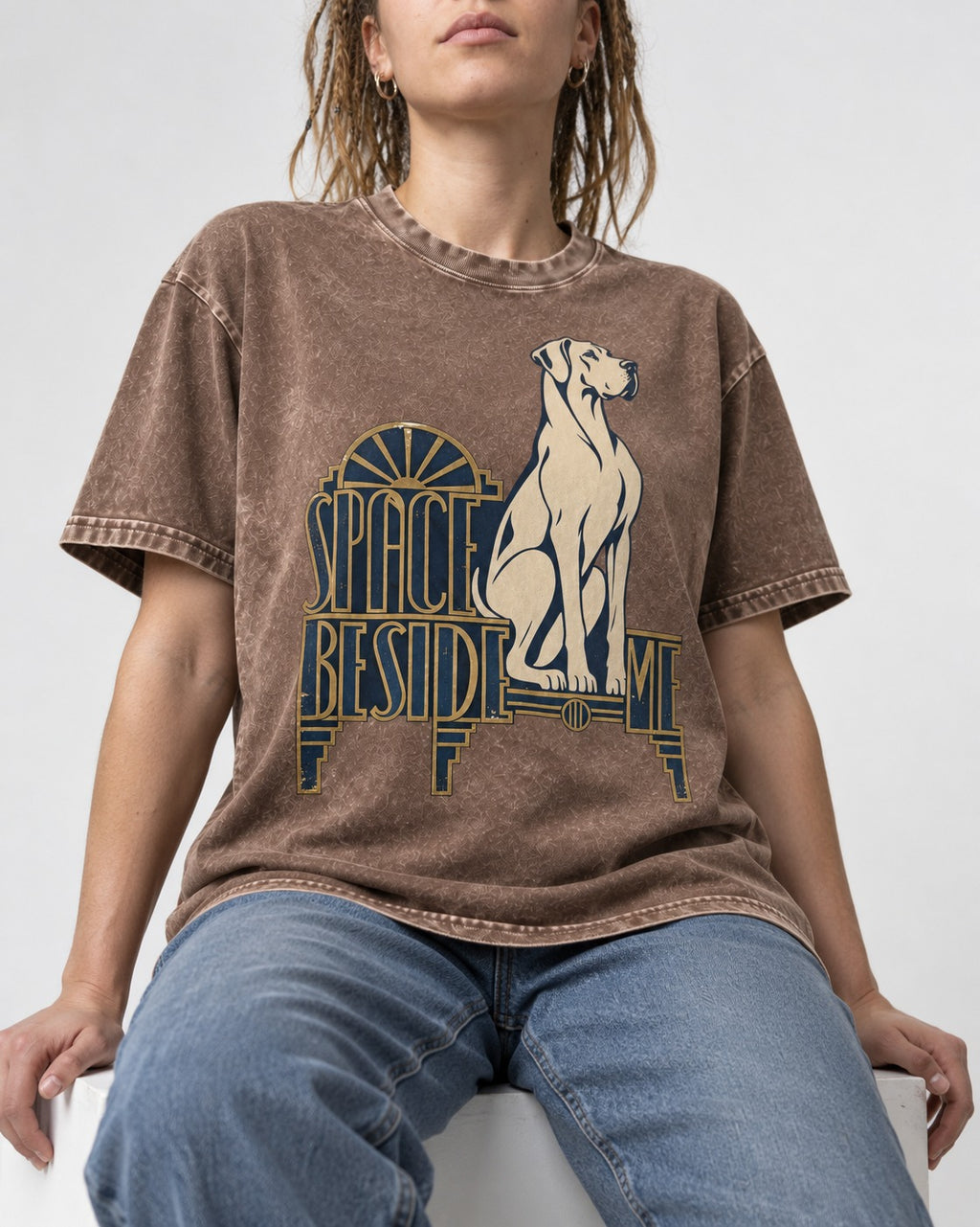 Great Dane's Space Beside Me Washed Tee in Coffee, worn by a seated model