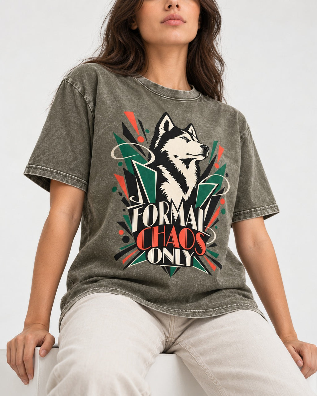 Husky Formal Chaos Only Art Deco Portrait Graphic Washed Tee in Army Green, worn by a seated model