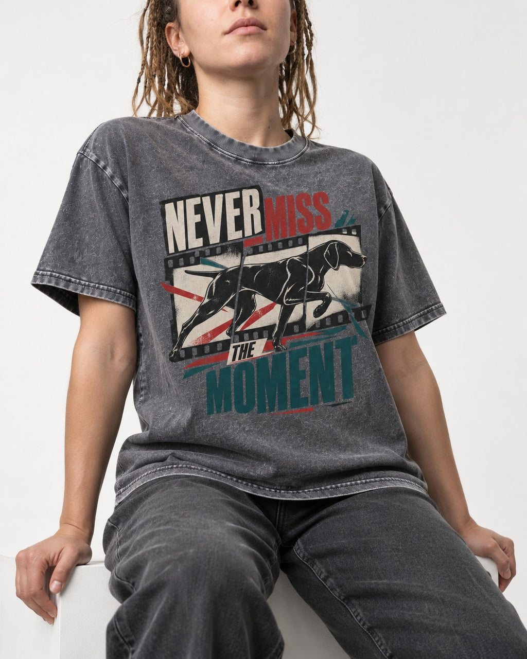 German Shorthaired Pointer Never Miss the Moment Filmstrip Graphic Washed Tee in Gray, worn by a seated model