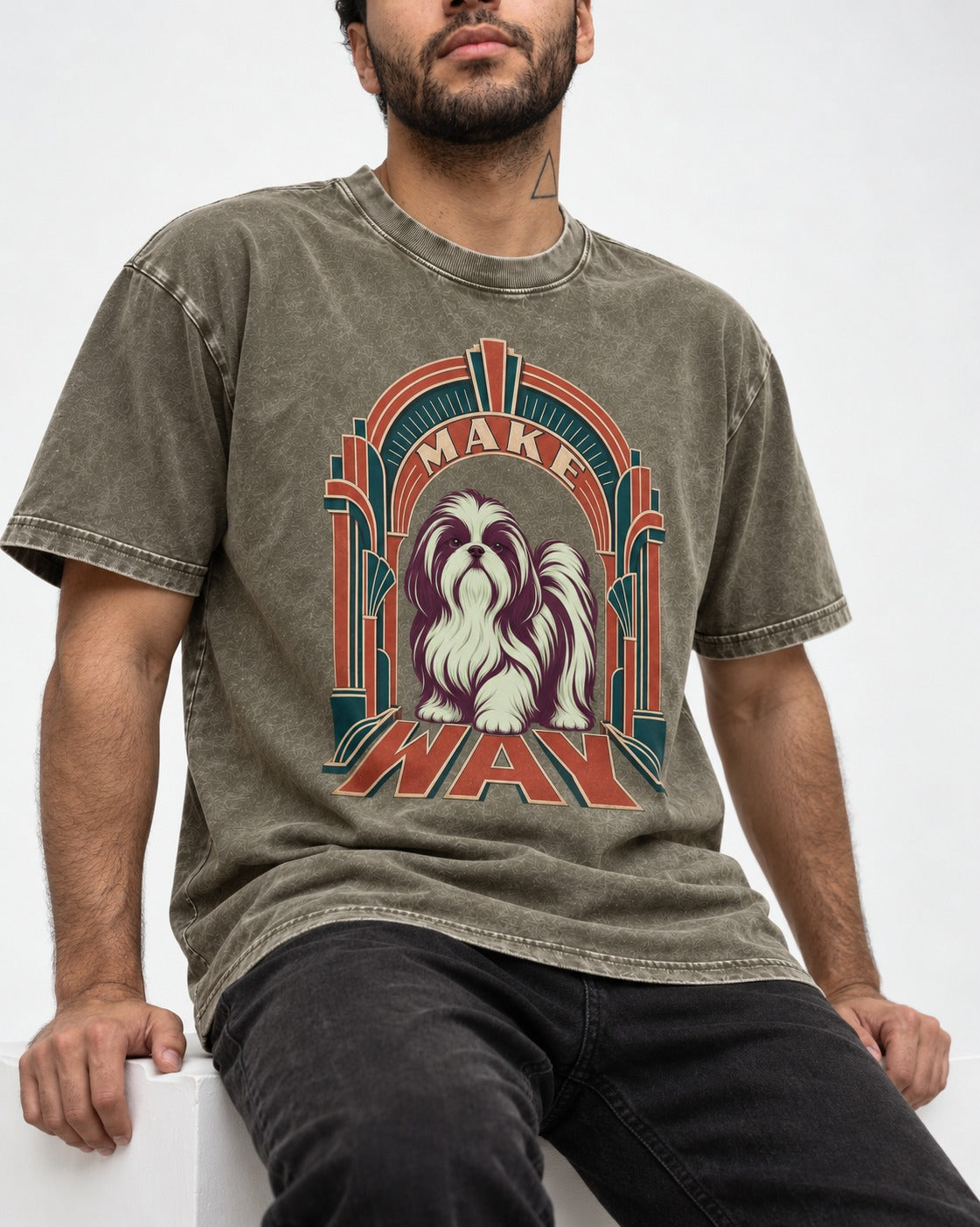 Shih Tzu Make Way Art Deco Arch Portrait Washed Tee in Army Green, worn by a seated model
