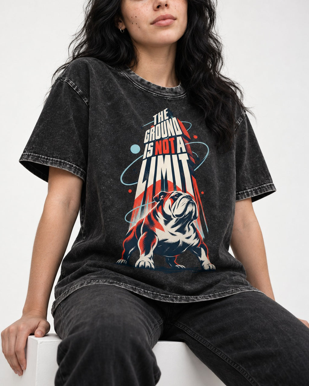 English Bulldog The Ground Is Not a Limit Orbital Graphic Washed Tee in Black, worn by a seated model