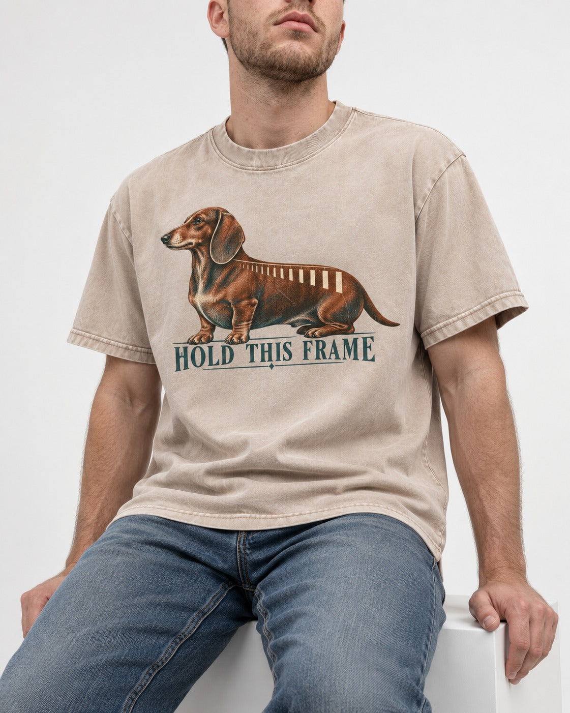 Dachshund Hold This Frame Washed Tee in Apricot, worn by a seated model