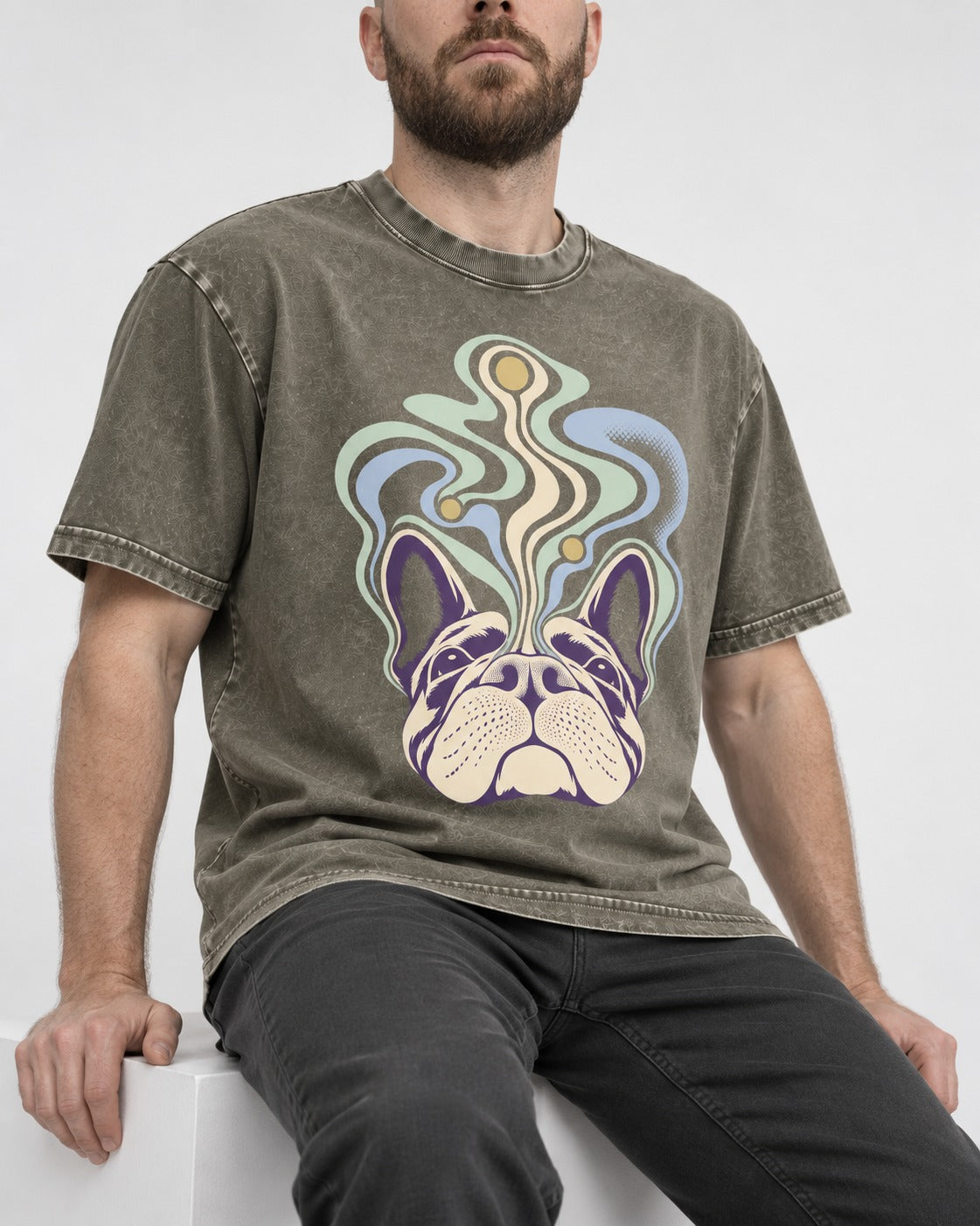 Frenchie Scent Cartography Vapor Route Graphic Washed Tee in Army Green, worn by a seated model