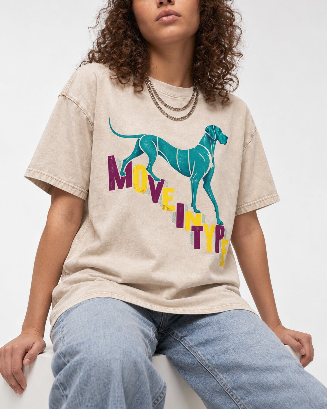 Great Dane Move in Type Washed Tee in Apricot, worn by a seated model