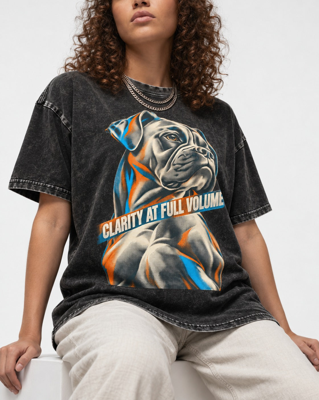 Clarity at Full Volume Boxer Portrait Washed Tee in Black, worn by a seated model