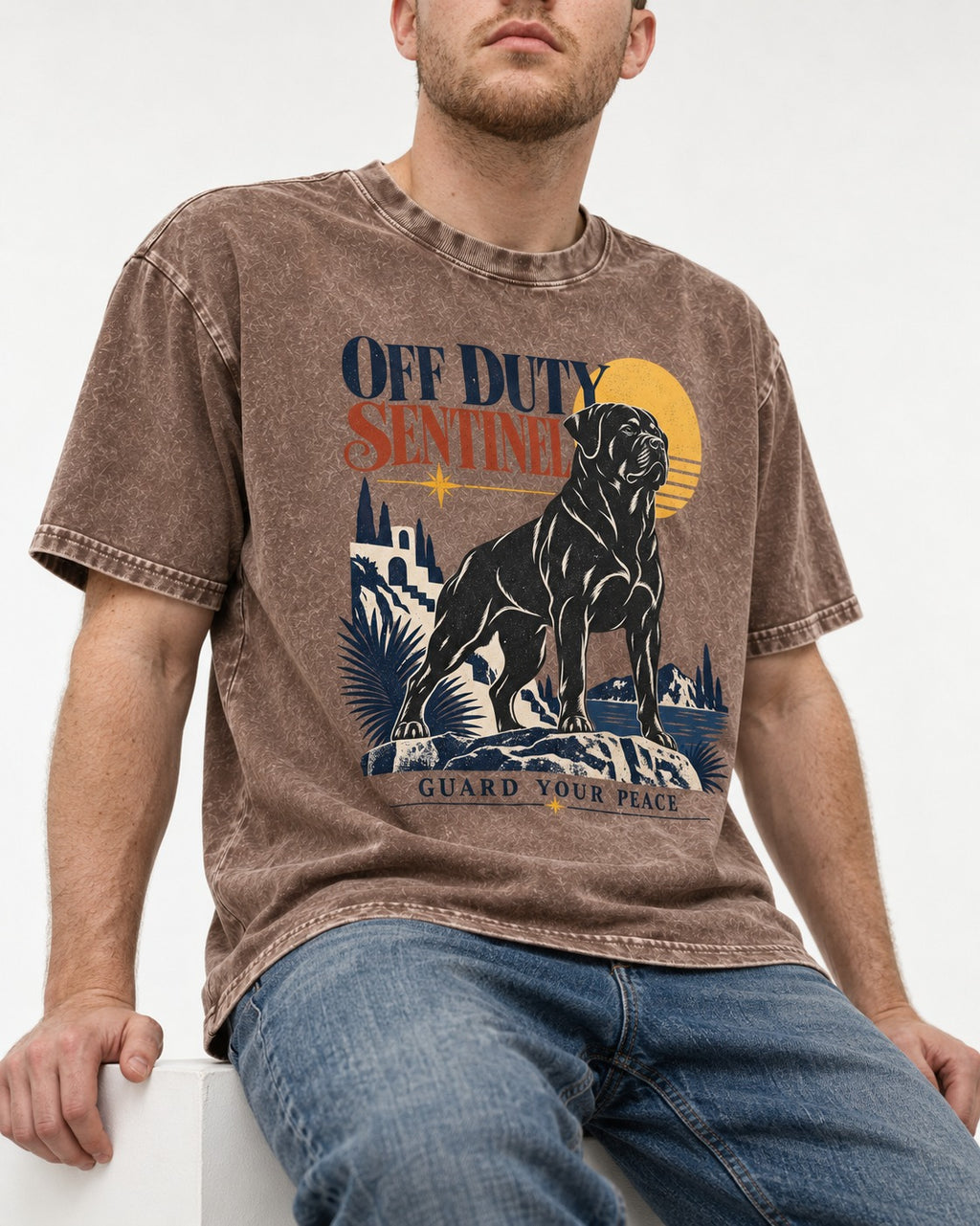 Off Duty Rottweiler Sentinel Washed Tee in Coffee, worn by a seated model