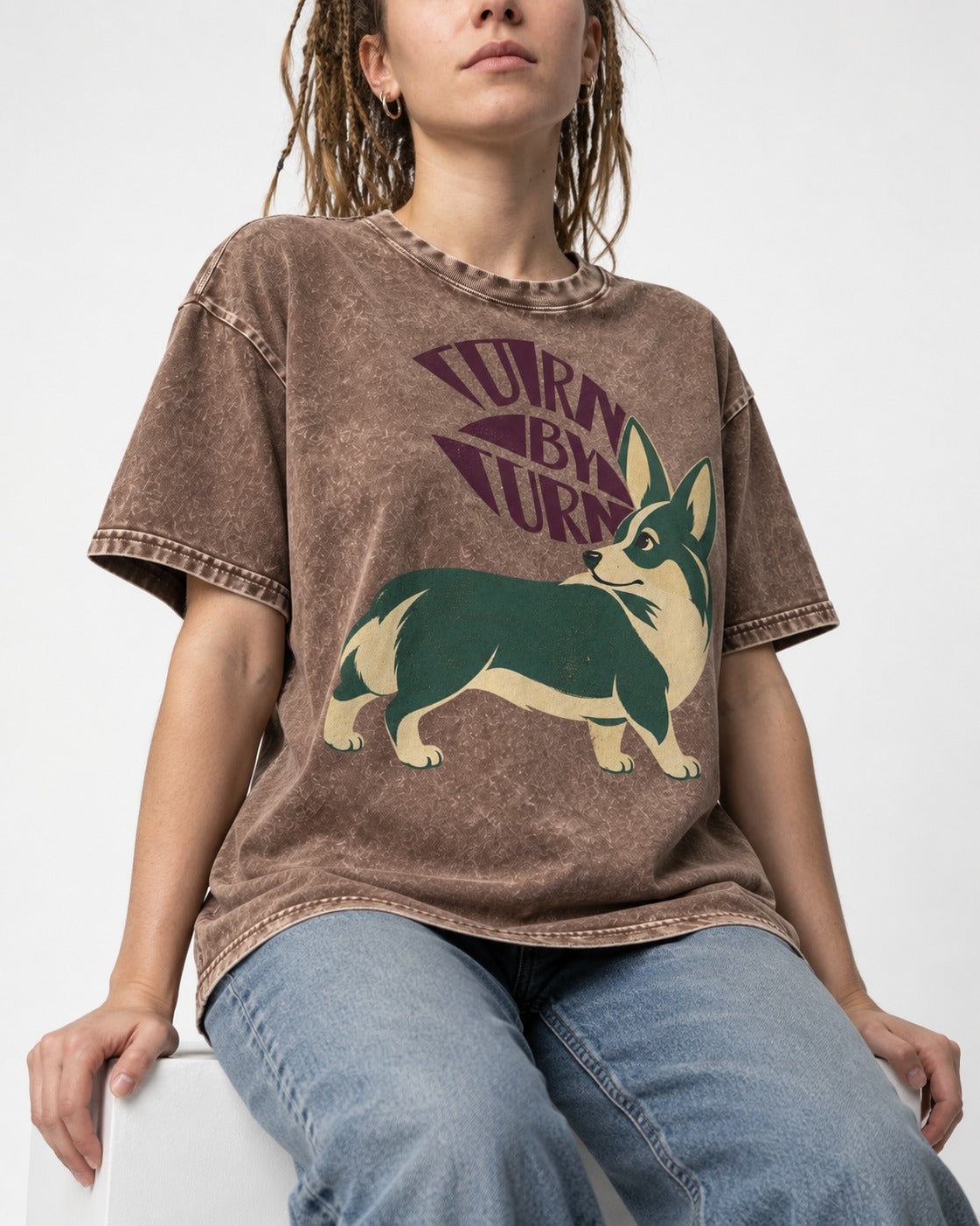 Turn by Turn Corgi Washed Tee in Coffee, worn by a seated model