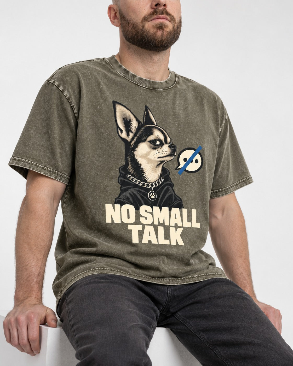 Chihuahua No Small Talk Speech-Off Portrait Graphic Washed Tee in Army Green, worn by a seated model