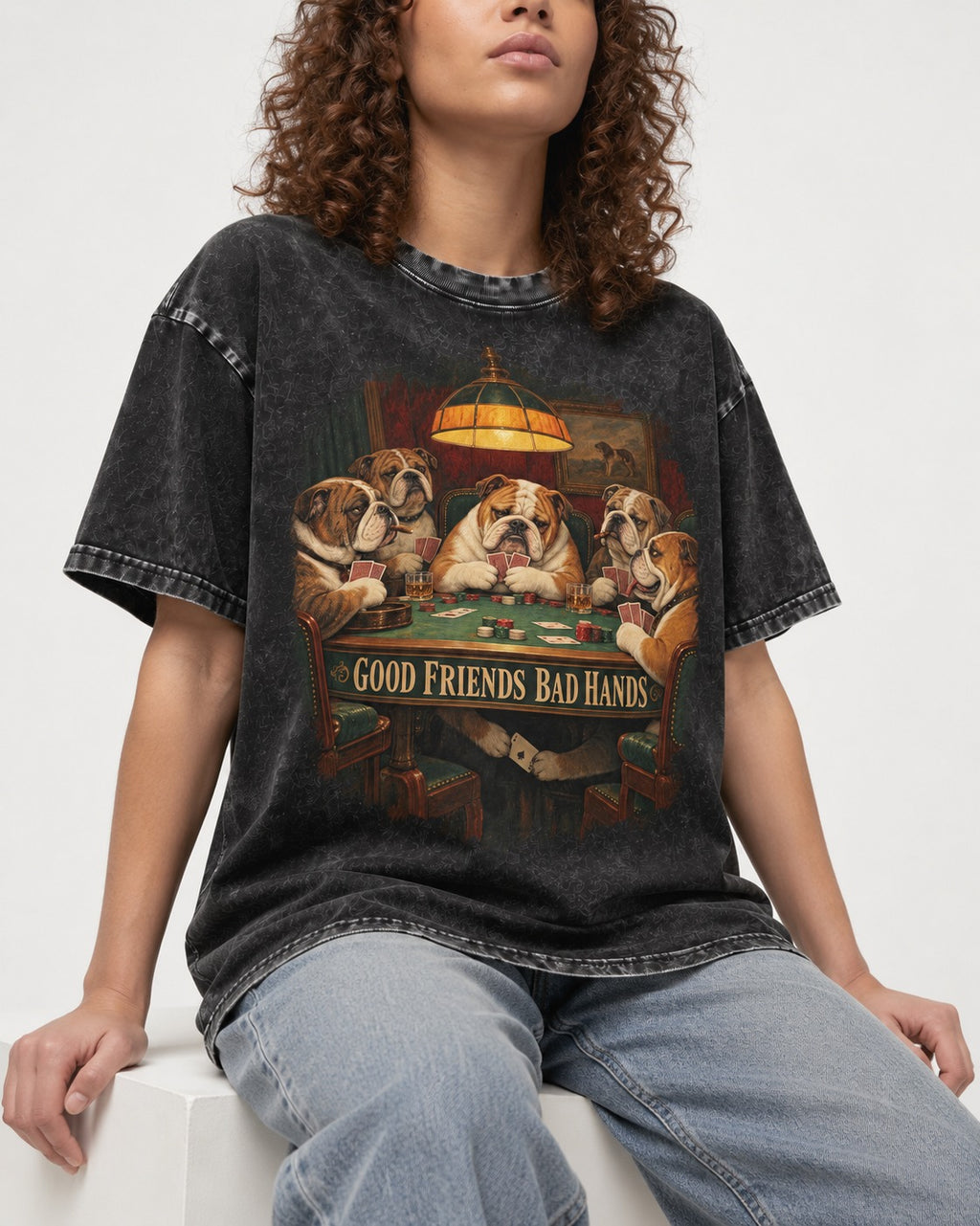 English Bulldog Good Friends Bad Hands Poker Graphic Washed Tee in Black, worn by a seated model