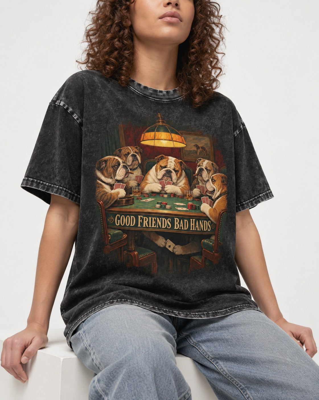 English Bulldog Good Friends Bad Hands Poker Graphic Washed Tee in Black, worn by a seated model