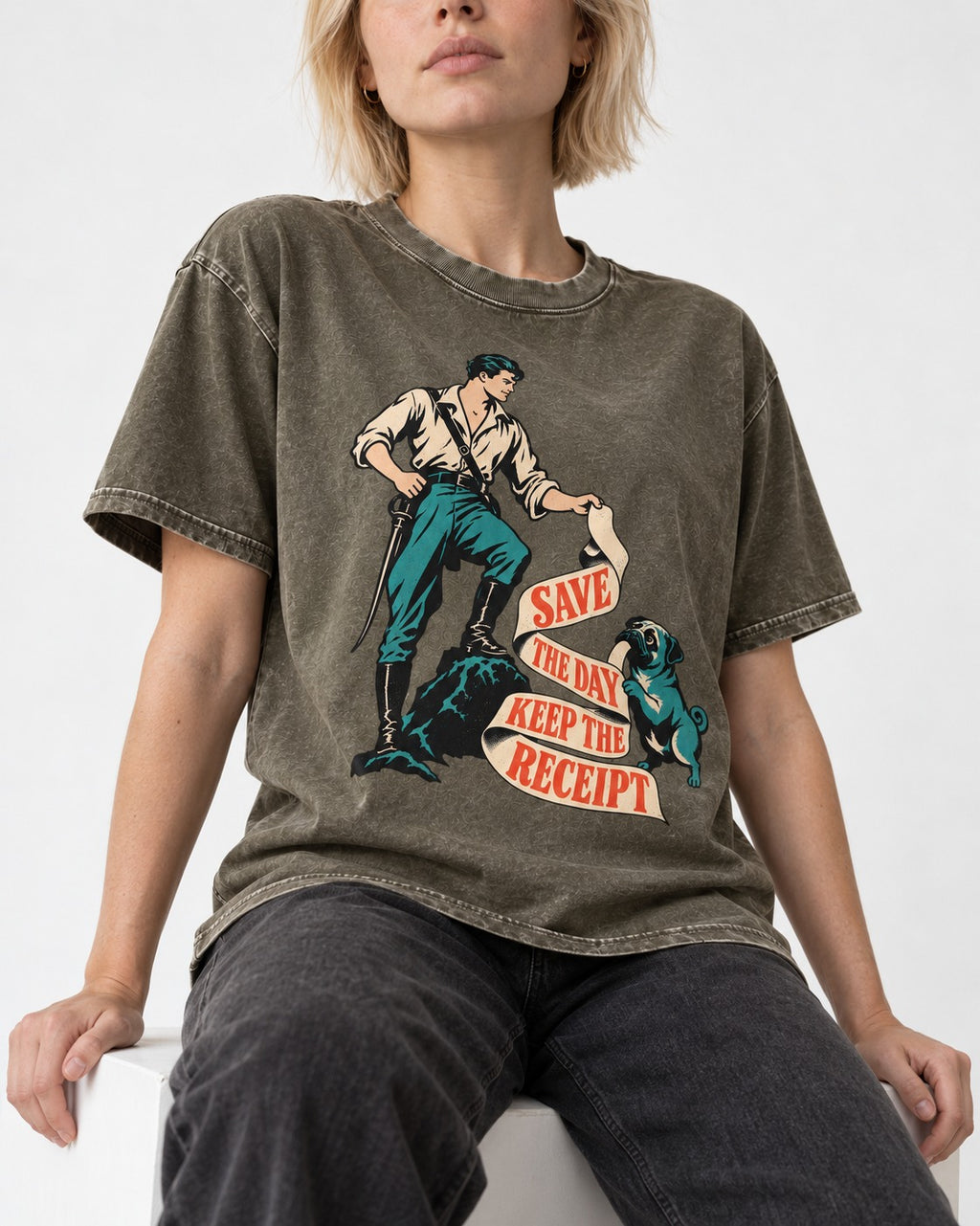 Pug Save the Day Keep the Receipt Hero Graphic Washed Tee in Army Green, worn by a seated model