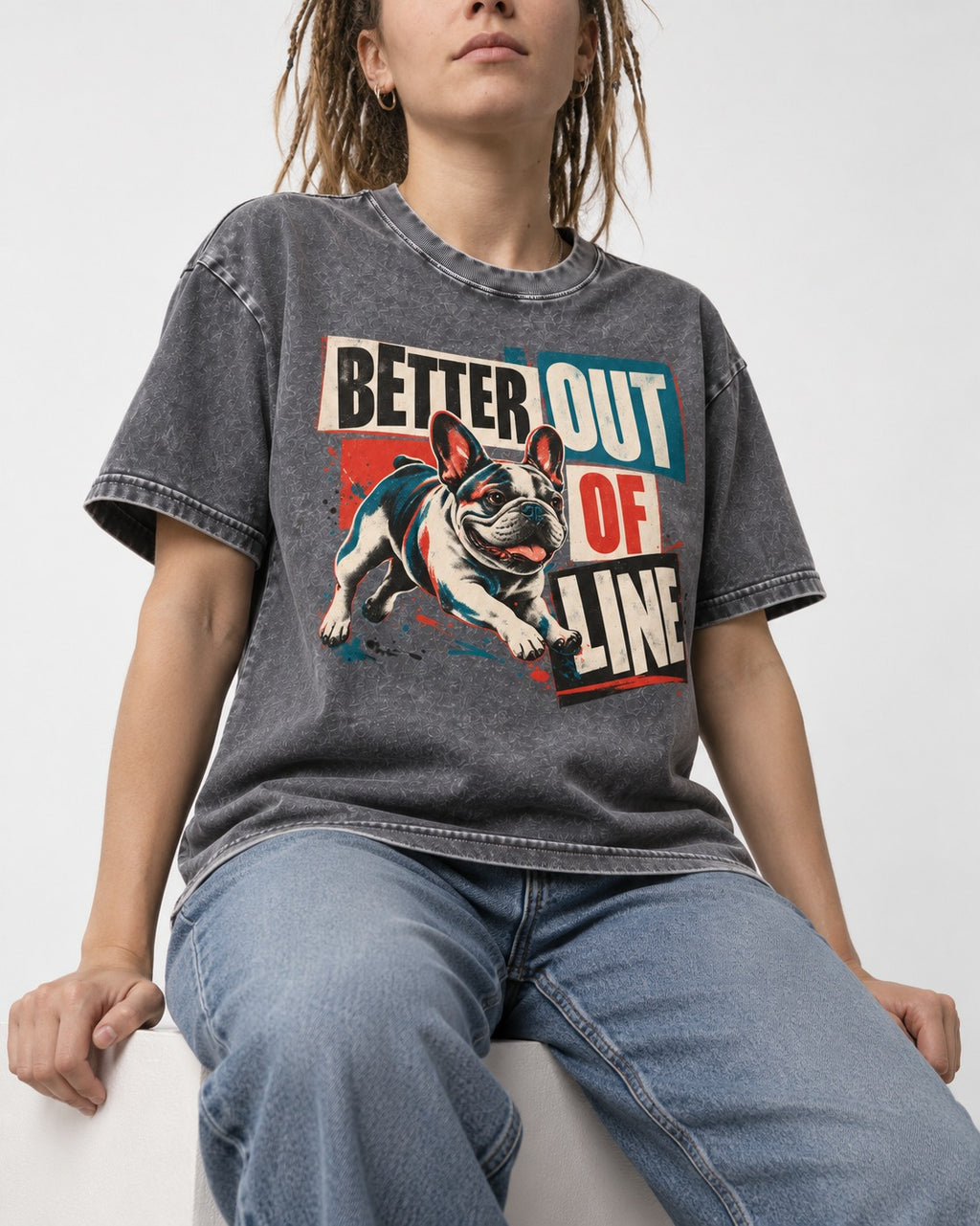 Frenchie Better Out of Line Running Graphic Washed Tee in Gray, worn by a seated model