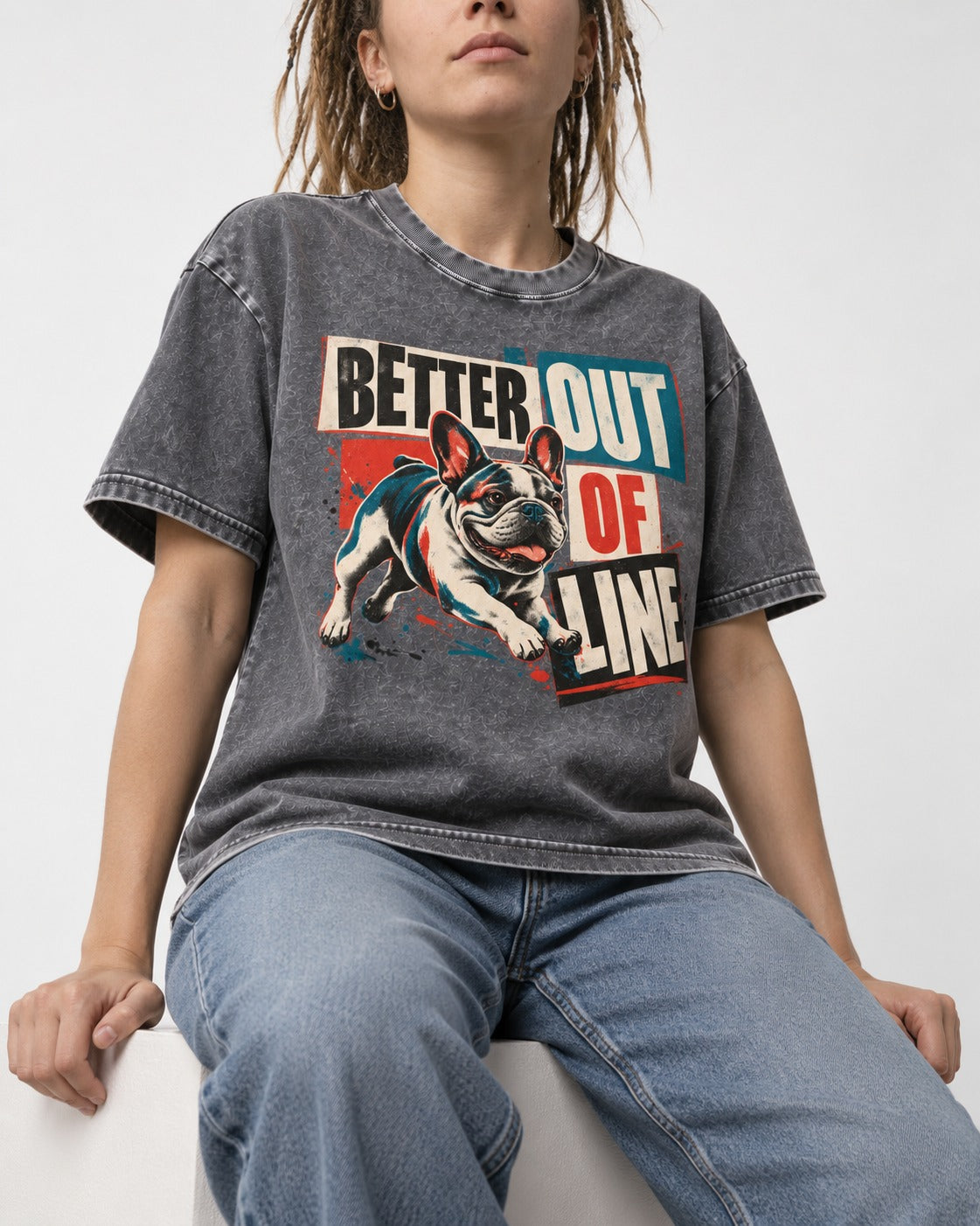 Frenchie Better Out of Line Running Graphic Washed Tee in Gray, worn by a seated model