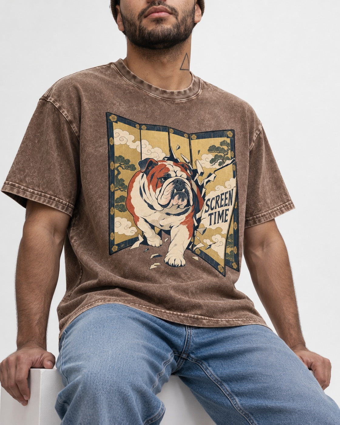 English Bulldog Screen Time Washed Tee in Coffee, worn by a seated model