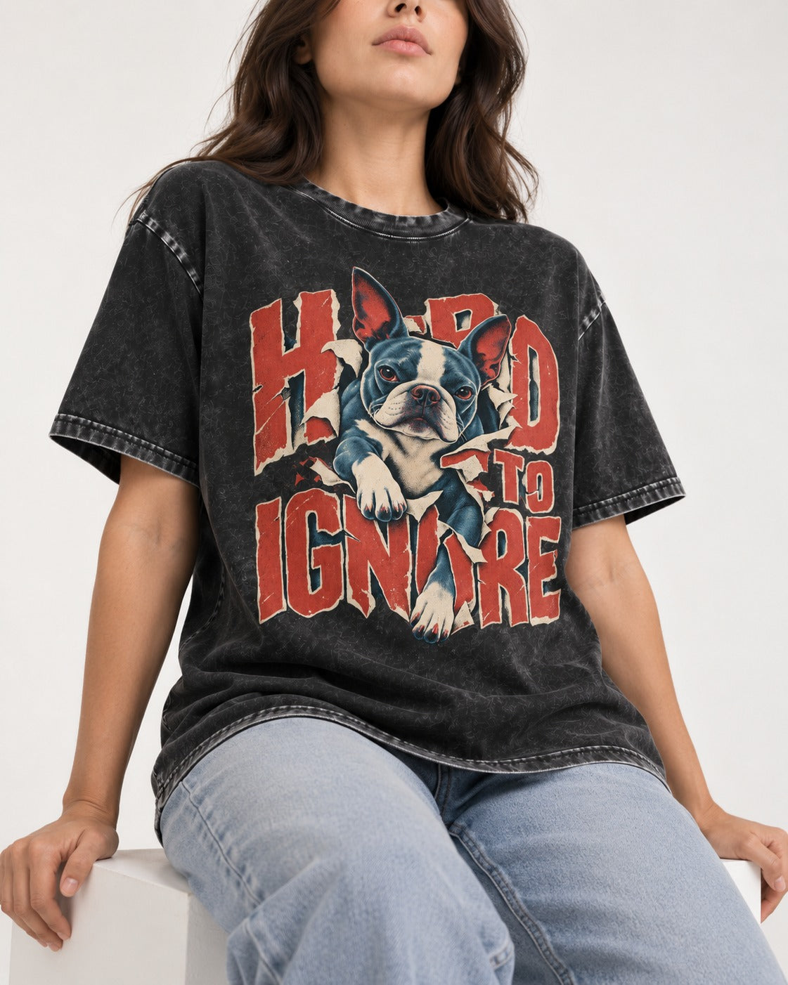 Hard to Ignore Boston Terrier Graphic Washed Tee in Black, worn by a seated model