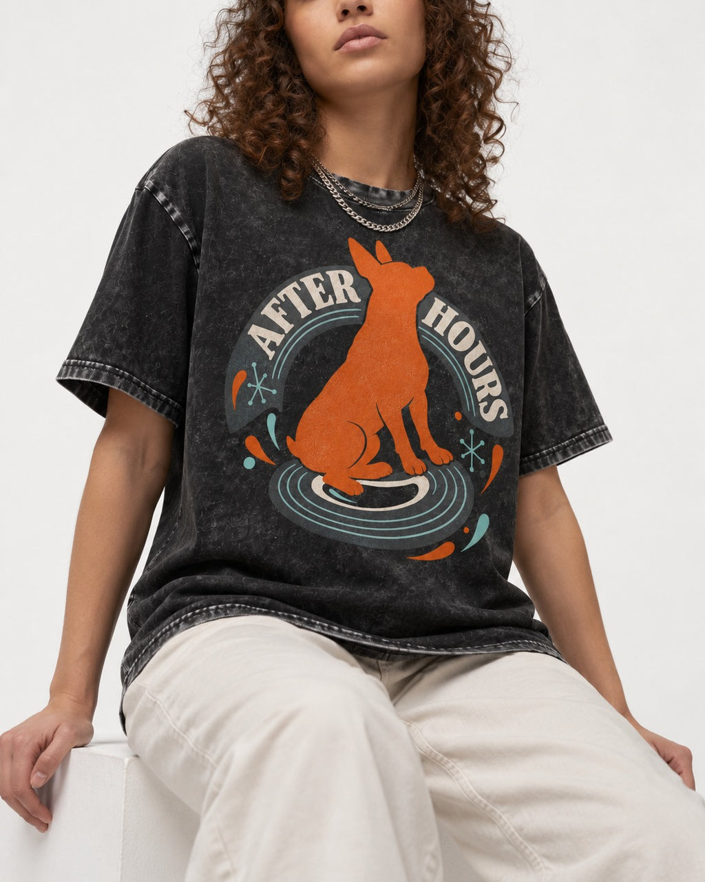 After Hours Boston Terrier Record Graphic Washed Tee in Black, worn by a seated model