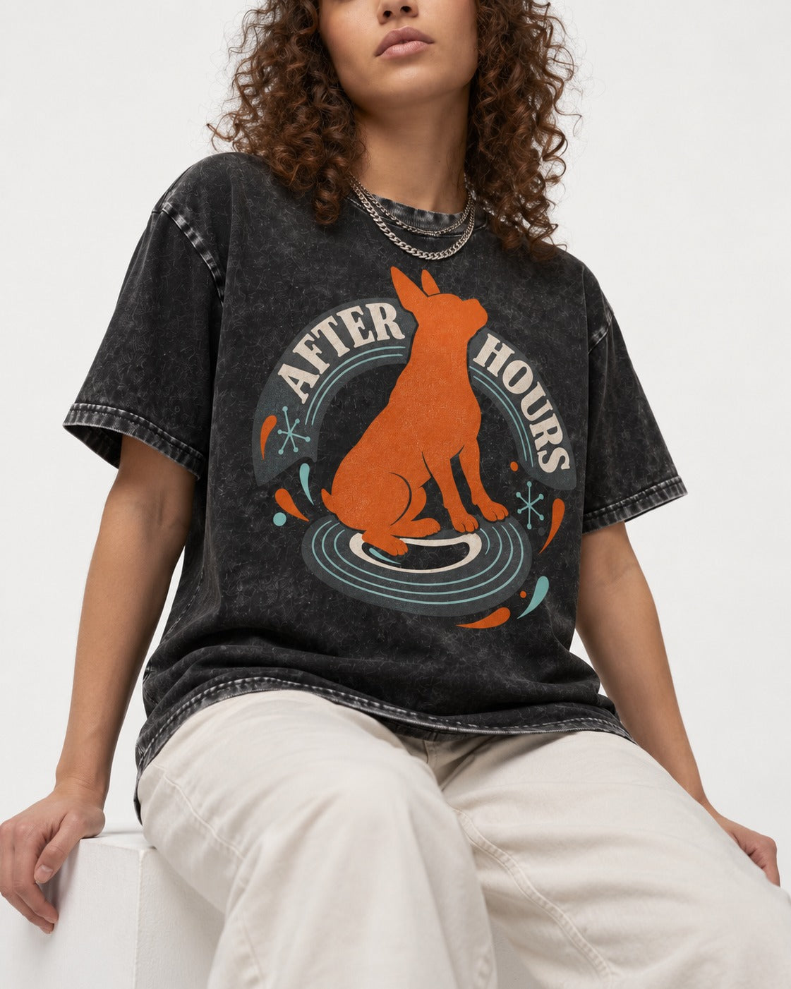 After Hours Boston Terrier Record Graphic Washed Tee in Black, worn by a seated model