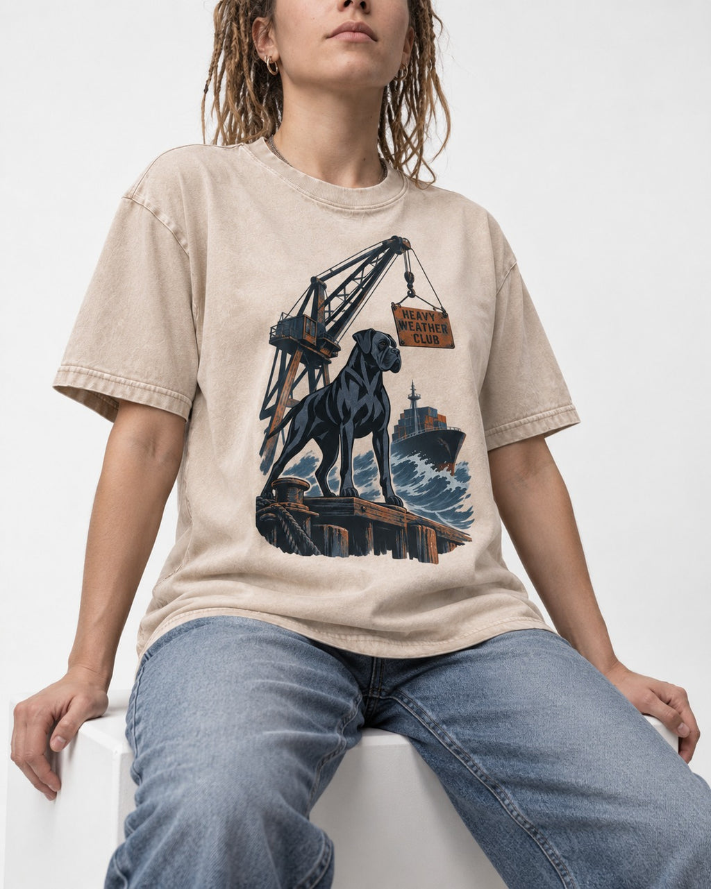 Boxer Heavy Weather Club Washed Tee in Apricot, worn by a seated model