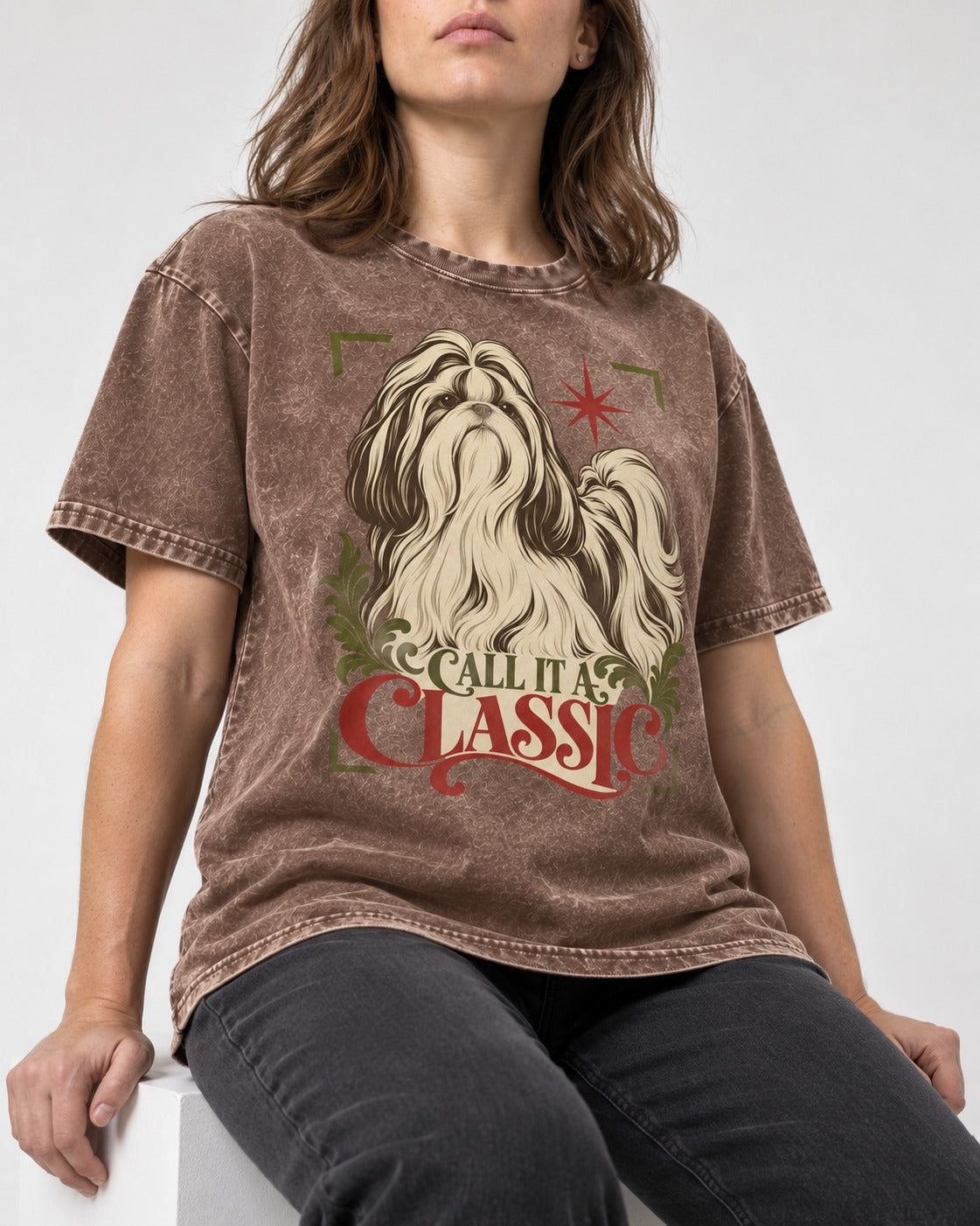 Call It a Shih Tzu Classic Washed Tee in Coffee, worn by a seated model