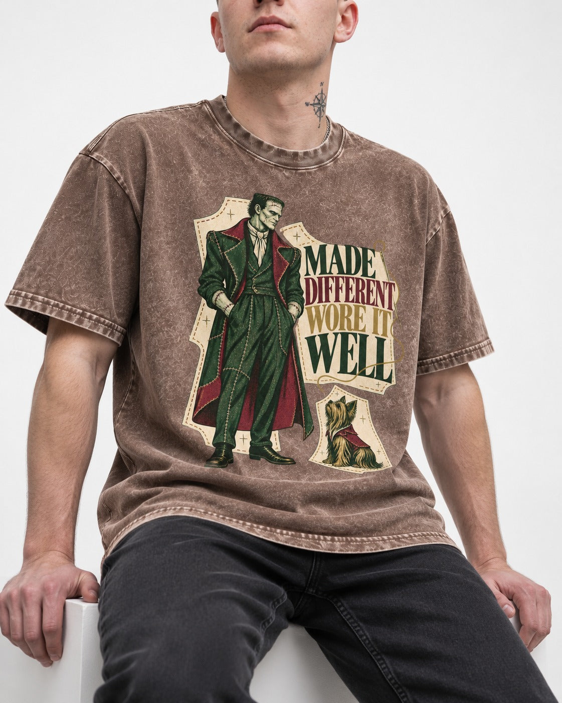 Yorkshire Terrier Made Different Washed Tee in Coffee, worn by a seated model