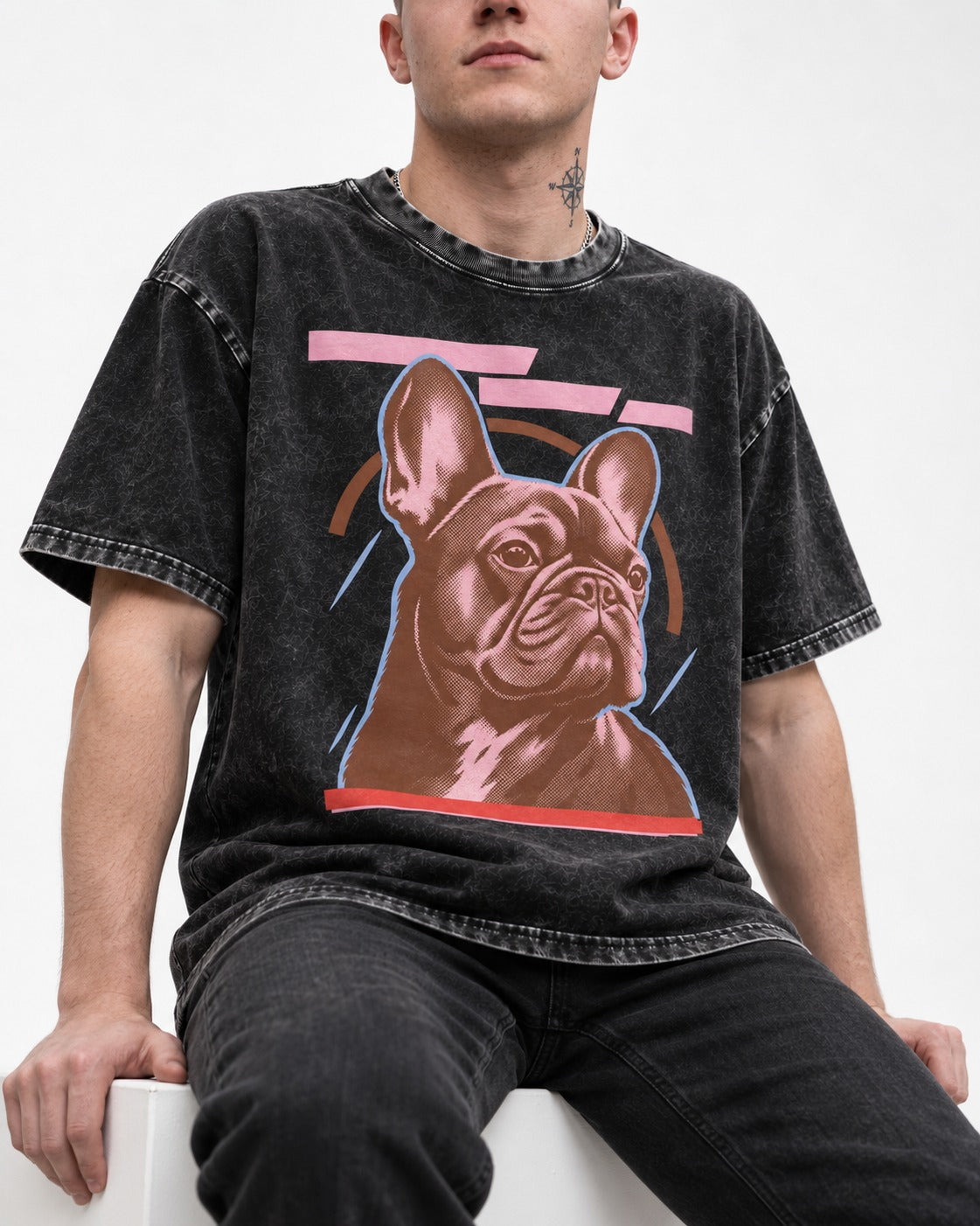 Frenchie Geometric Portrait Graphic Washed Tee in Black, worn by a seated model