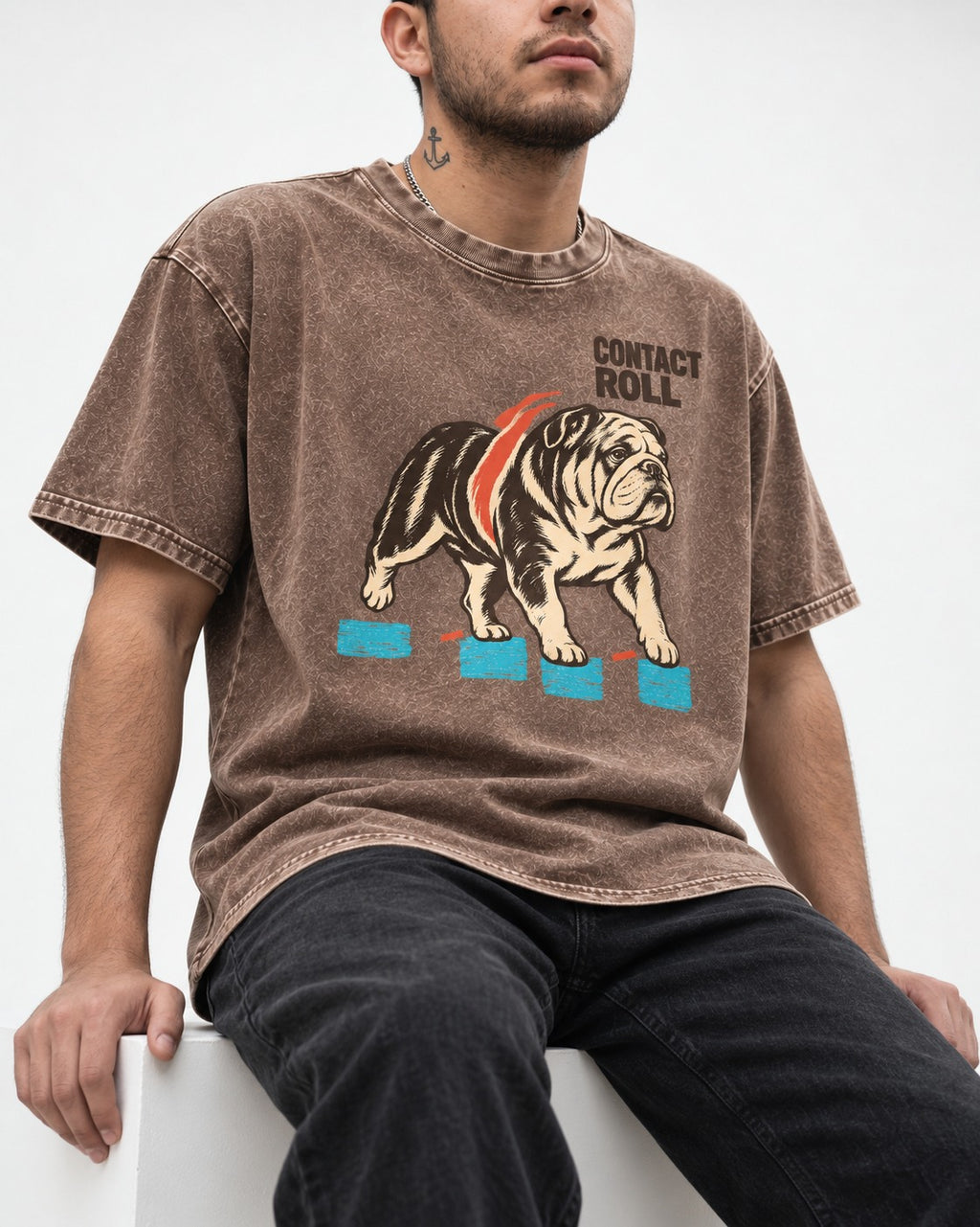 Contact Roll English Bulldog Washed Tee in Coffee, worn by a seated model
