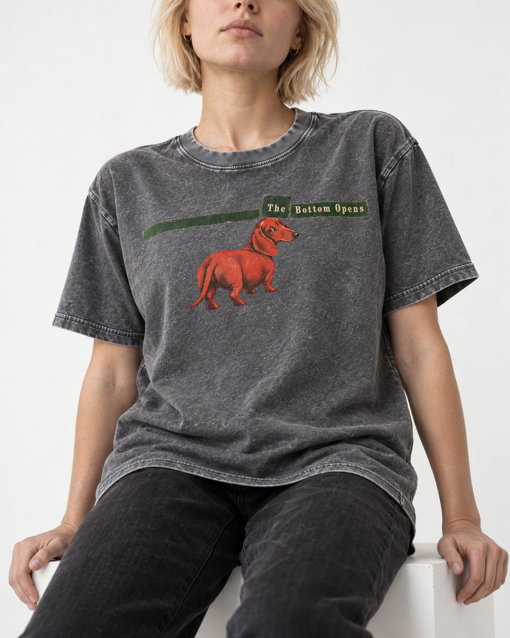 Dachshund The Bottom Opens Signpost Graphic Washed Tee in Gray, worn by a seated model