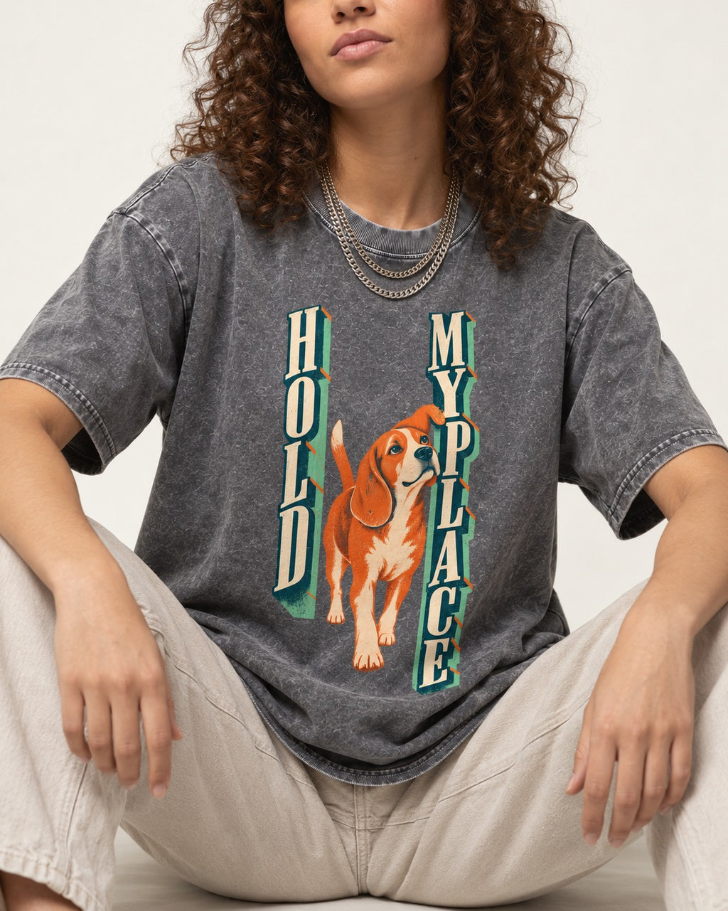 Vintage Beagle Hold My Place Washed Tee in Gray, worn by a seated model