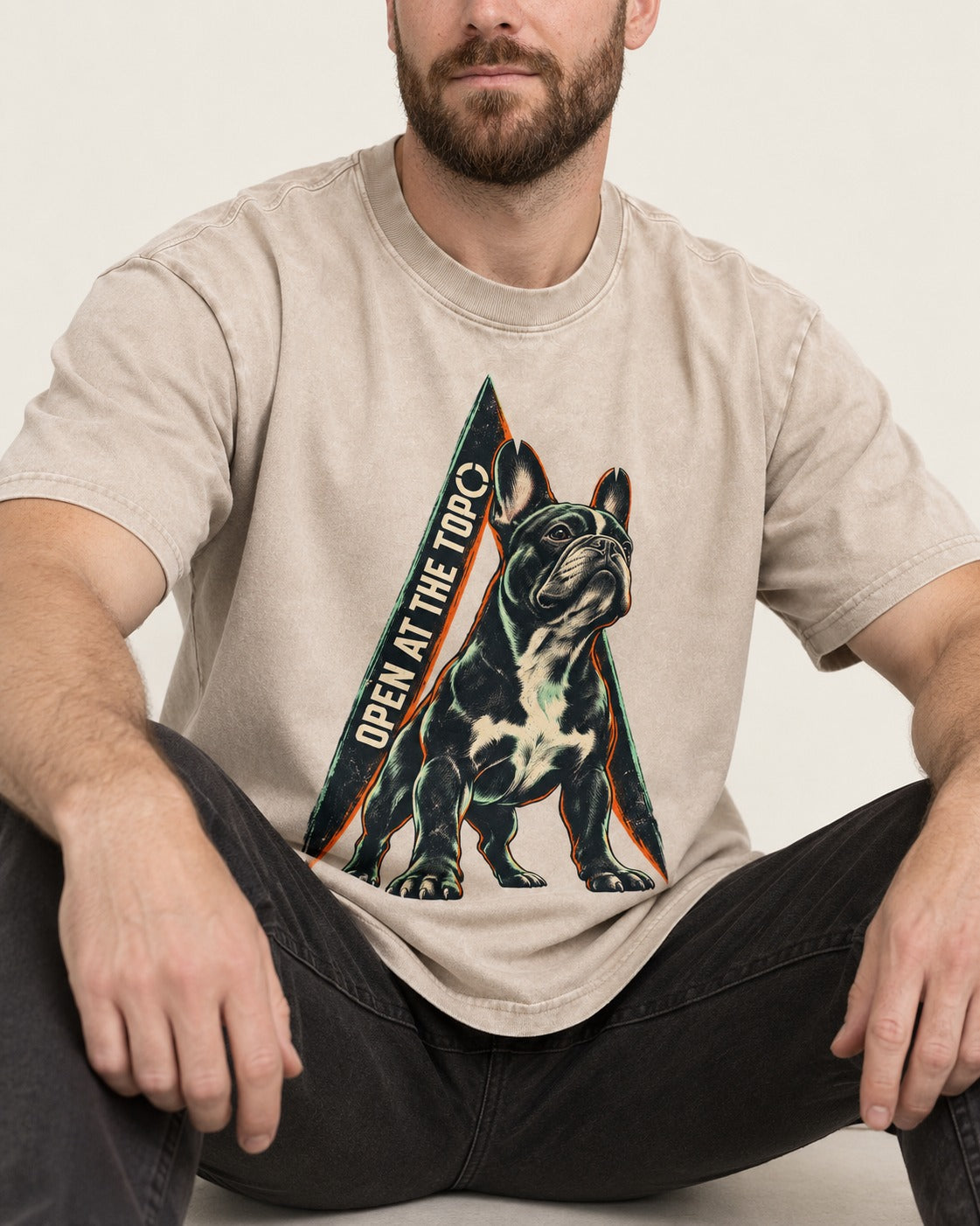 Frenchie Open at the Top Washed Tee in Apricot, worn by a seated model