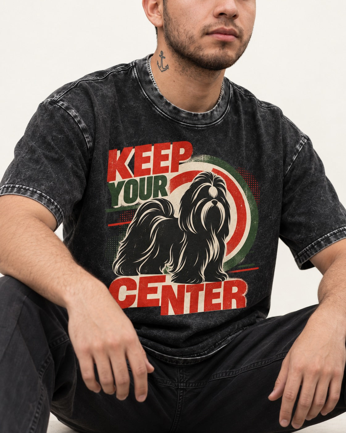 Shih Tzu Keep Your Center Retro Target Graphic Washed Tee in Black, worn by a seated model