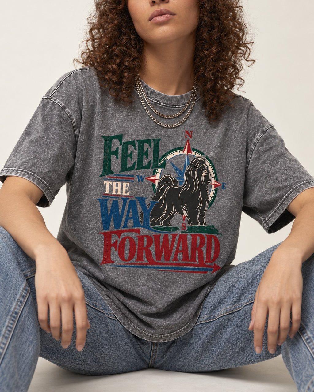 Shih Tzu Feel the Way Forward Compass Graphic Washed Tee in Gray, worn by a seated model