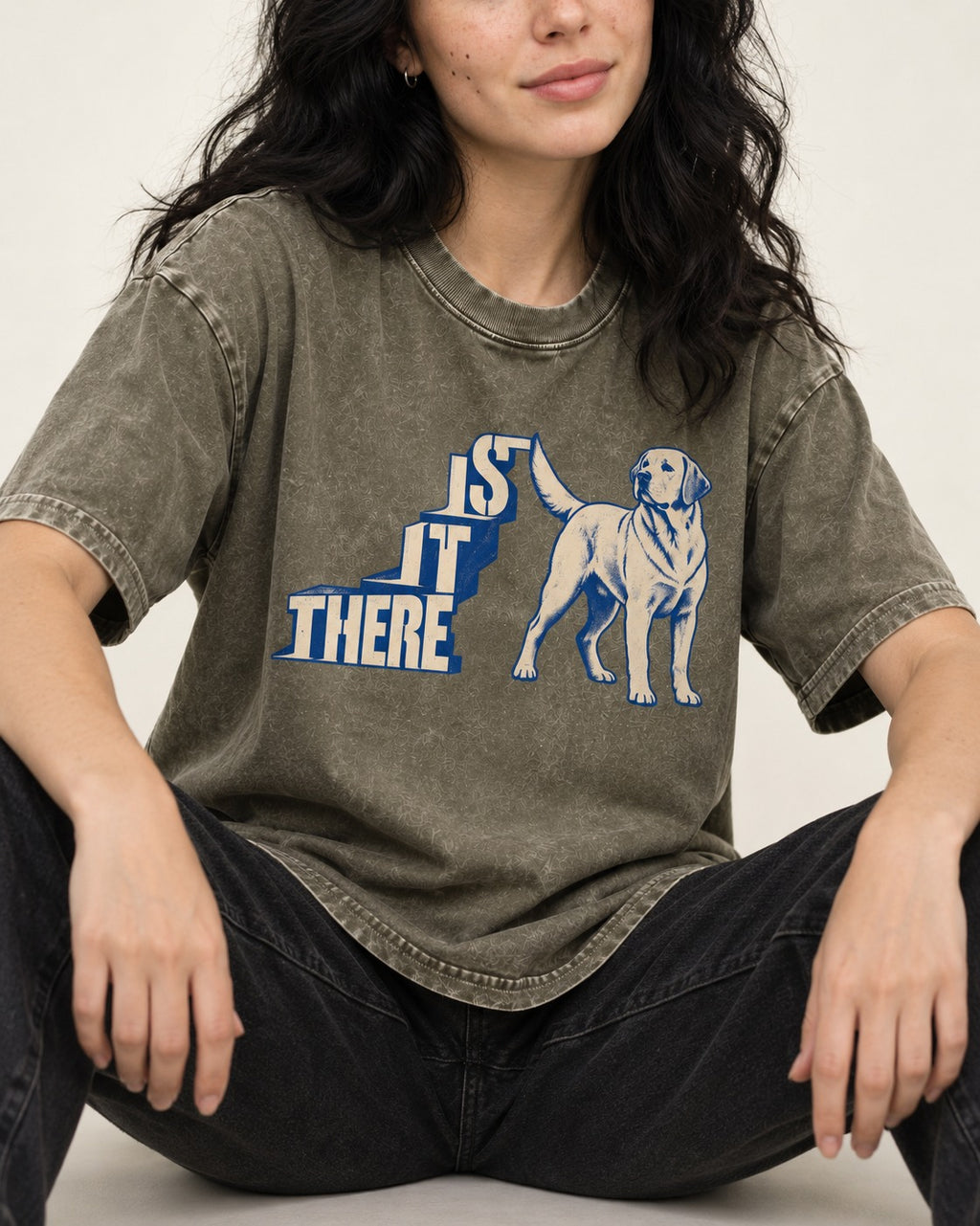 Labrador Retriever Is It There Stair-Step Graphic Washed Tee in Army Green, worn by a seated model
