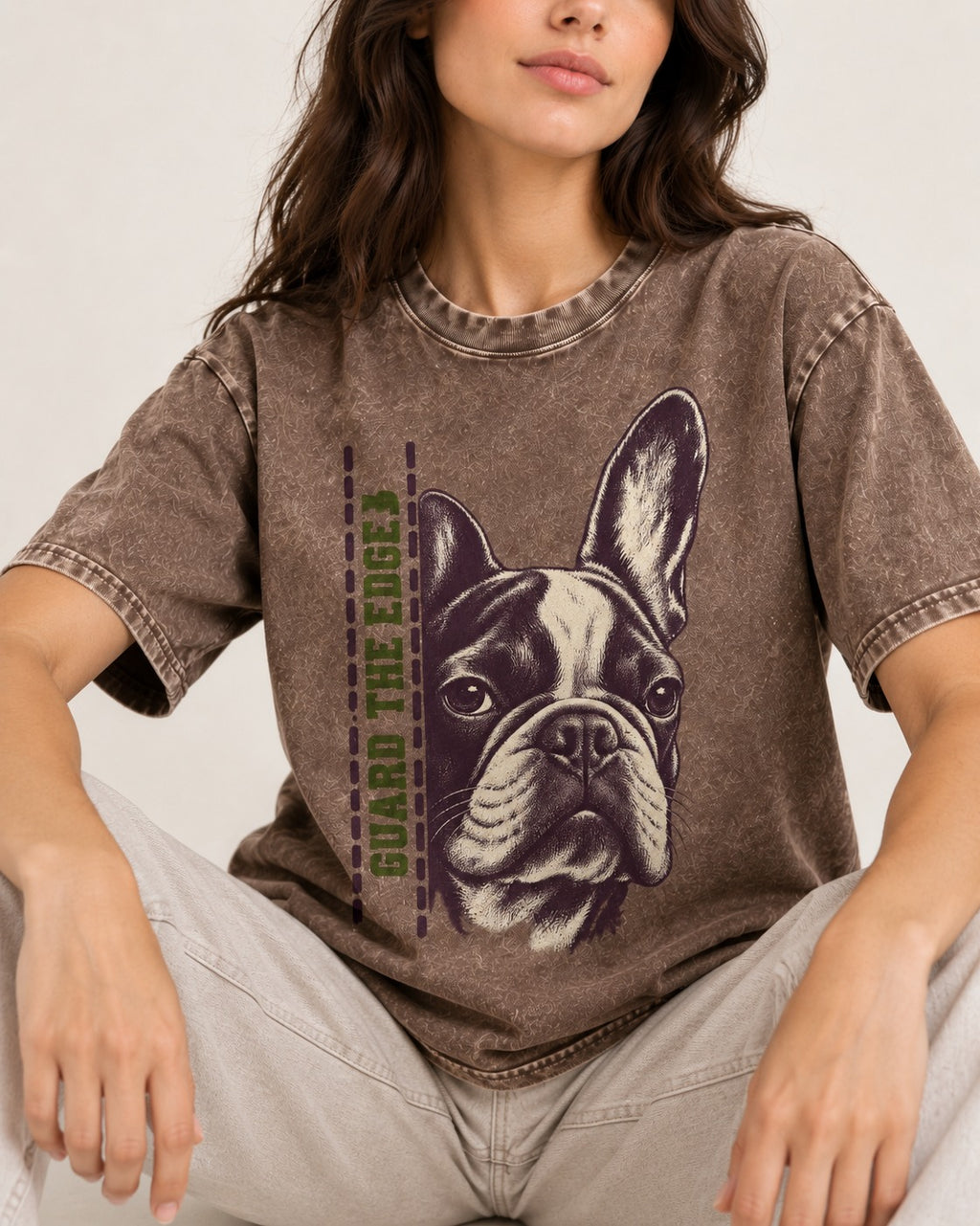 Frenchie Guard the Edge Washed Tee in Coffee, worn by a seated model