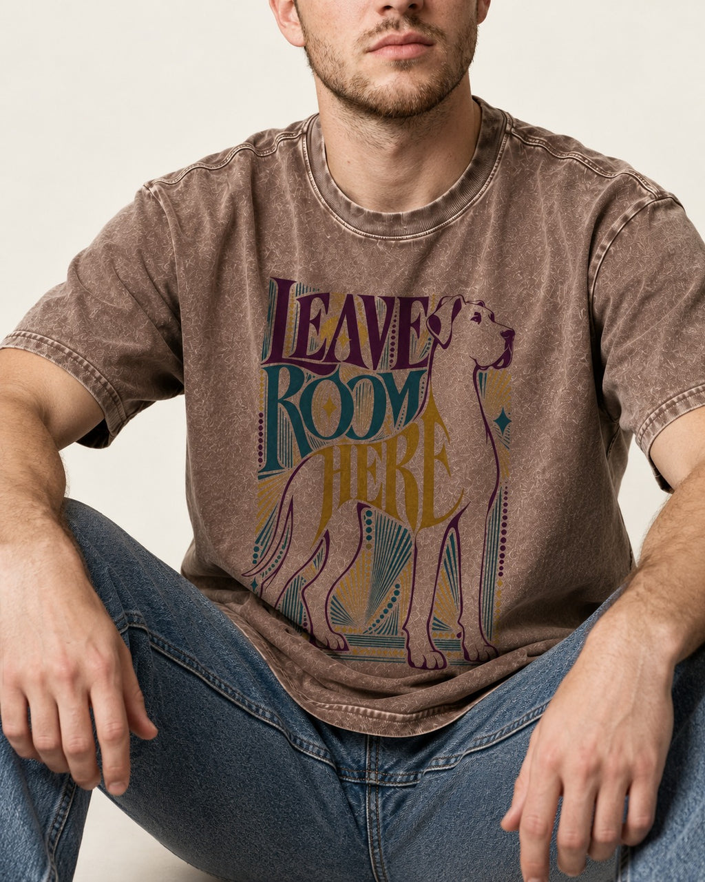 Leave Room for Great Dane Washed Tee in Coffee, worn by a seated model