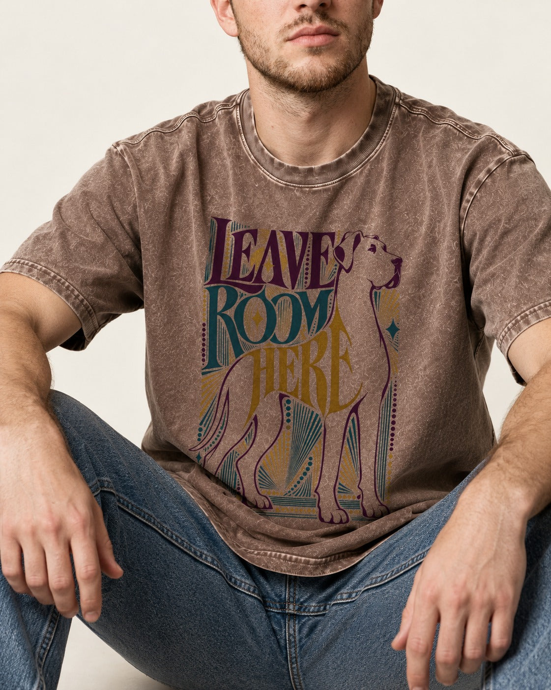 Leave Room for Great Dane Washed Tee in Coffee, worn by a seated model